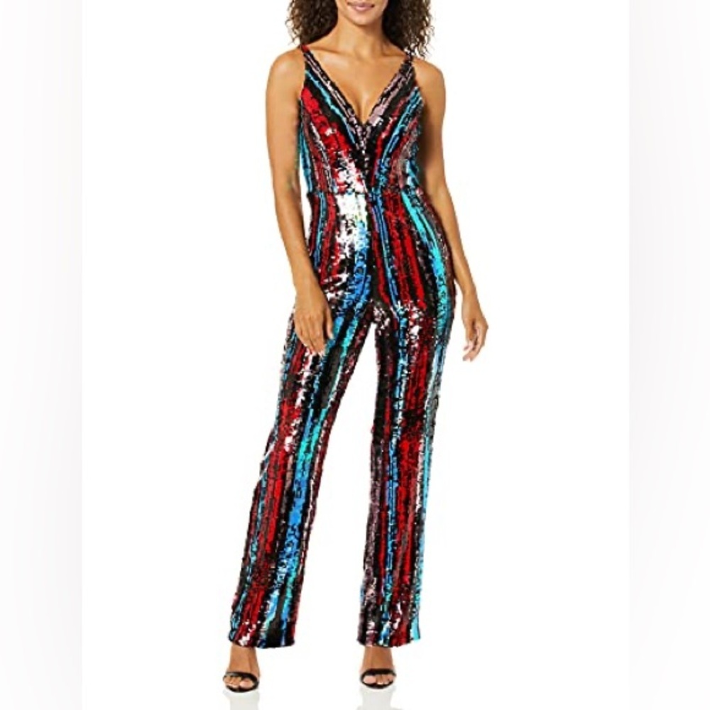 Dress the Population Multicolor Sequin Striped V-Neck Jumpsuit